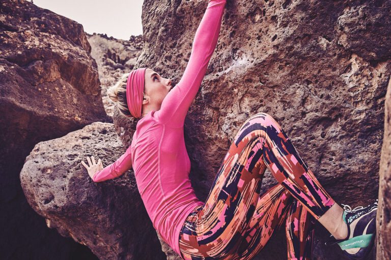 Perform Base Layer in Hot Pink 39 worn with High Waist 7 8 Enduro Leggings in Zenith Print 55 from BAM